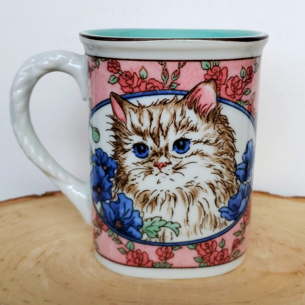 Vintage Kathy Takahashi Persian Cat Kitten Hand Decorated Square Mug Multicolor